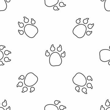 Grey line Paw print icon isolated seamless pattern on white background. Dog or cat paw print. Animal track. Vector