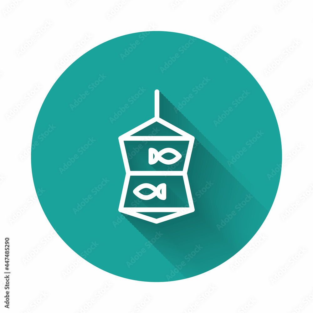 Poster white line fishing net with fish icon isolated with long shadow. green circle button. vector