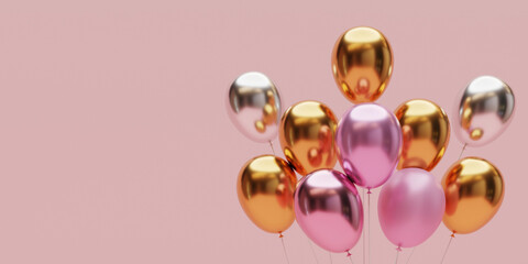 Realistic metallic pastel color balloons with copy space for decorate anniversary and party of merry Christmas , Happy new year , valentine's day and birthday by 3d render technique.