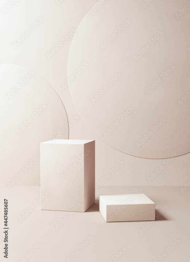 Poster minimal abstract scene with simple geometric shapes pastel color, cosmetic product presentation back