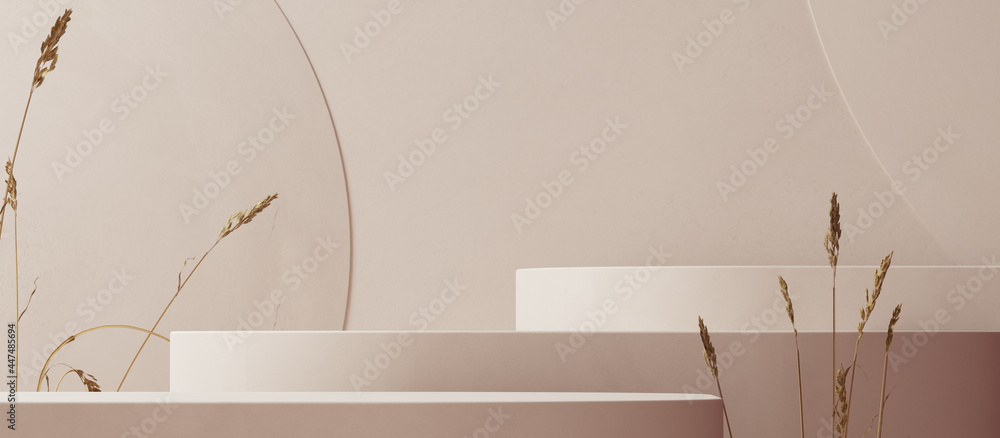 Poster minimal abstract scene with simple geometric shapes pastel color, cosmetic product presentation back