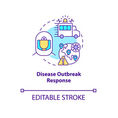 Disease outbreak response concept icon. Humanitarian aid and humans precautions and emergency management abstract idea thin line illustration. Vector isolated outline color drawing. Editable stroke