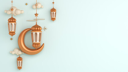 Islamic decoration background with crescent moon lantern, copy space text, ramadan kareem, mawlid, iftar, isra  miraj, eid al fitr adha, muharram, 3D illustration.