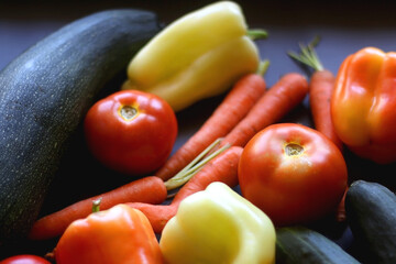 Zucchini, tomatoes, peppers, carrots and cucumbers on dark background. Selective focus.