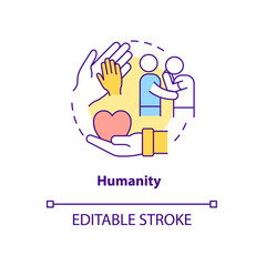 Humanity against people suffering concept icon. Humanitarian aid main support principles abstract idea thin line illustration. Vector isolated outline color drawing. Editable stroke