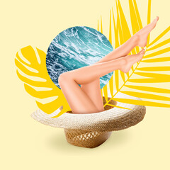 Contemporary art collage, modern design. Party mood. Beautiful female legs in giant straw hat isolated on light background.
