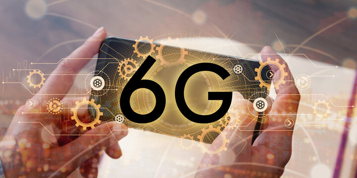 Woman using smartphone with 6G network system, closeup. Banner design