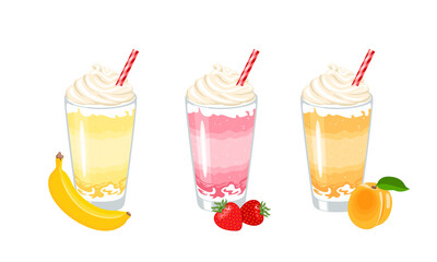 Milkshake set. Vector cartoon illustration of berry and fruit cocktail with whipped cream in glass cup. Summer drink flat icon. Apricot, banana, strawberry.