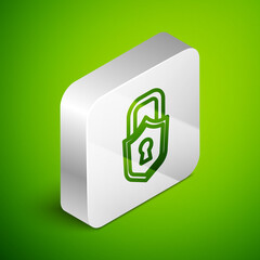 Isometric line Lock icon isolated on green background. Padlock sign. Security, safety, protection, privacy concept. Silver square button. Vector