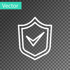 White line Shield with check mark icon isolated on transparent background. Security, safety, protection, privacy concept. Tick mark approved. Vector