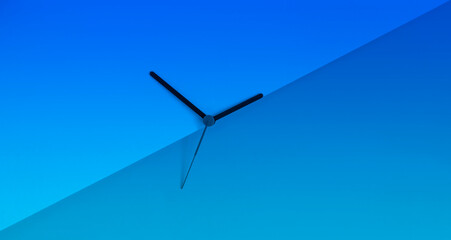 Fototapeta na wymiar Daylight saving time concept. Clock hands on the monochrome blue color block background. Seasonal time change. Spring time change concept. Copy space.