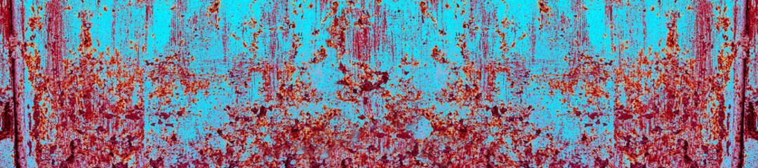 Panoramic rusty blue painted metal background.