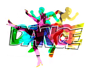 Dancers, modern disco dance.
Expressive stylized illustration of three dancing young people and DANCE inscription.