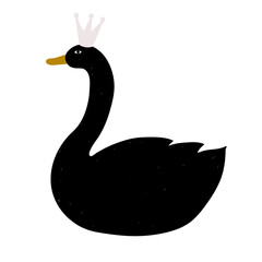 Cute minimalistic print with black swan with crown. Hand-drawn design for card, invitation, nursery, kid's clothes.