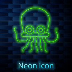 Glowing neon line Octopus icon isolated on brick wall background. Vector.