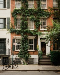 Fototapeta na wymiar Brick house covered in ivy, in the West Village, Manhattan, New York City