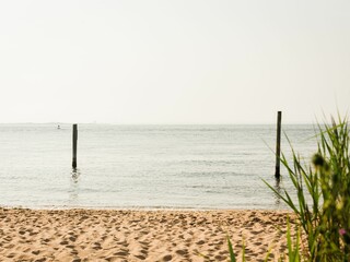 Posts in the water and a beach on Fire Island, New York
