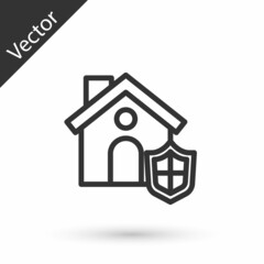 Grey line House with shield icon isolated on white background. Insurance concept. Security, safety, protection, protect concept. Vector.