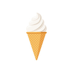 Delicious white ice cream in waffle cone. Vanilla taste isolated twisted ice-cream on white background. Cute flat style product design vector eps illustration