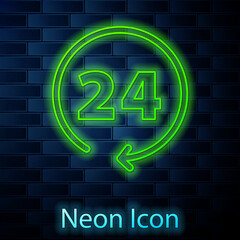 Glowing neon line Clock 24 hours icon isolated on brick wall background. All day cyclic icon. 24 hours service symbol. Vector