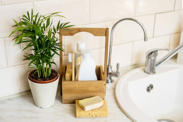 Fototapeta na wymiar Ecologic dish washing concept. Natural sponghes,wooden box,ecofriendly lifestyle