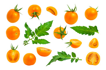 Collection of yellow orange tomatoes with green tails leaves isolated on white background. Fresh ripe Cherry tomatoes. Whole vegetables and chopped halves. Healthy vegan organic food, harvest concept