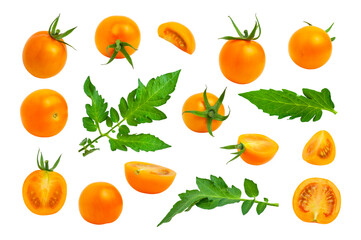 Obraz premium Collection of yellow orange tomatoes with green tails leaves isolated on white background. Fresh ripe Cherry tomatoes. Whole vegetables and chopped halves. Healthy vegan organic food, harvest concept