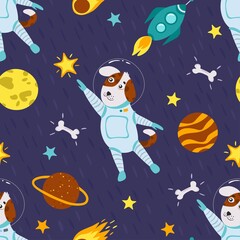 Astronaut dog, seamless pattern. A cute dog flies in space. Stars, planets, moon, rocket, comet. Vector illustration