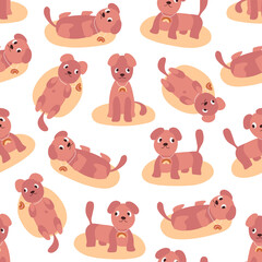 Seamless vector animal pattern with pink dogs and yellowish rugs isolated on a white background.