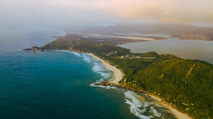 Fototapeta na wymiar Tropical Island Landscape Sea Ocean Hills Mountains Beach Jungle Green Blue Florianópolis Santa Catarina Brazil 