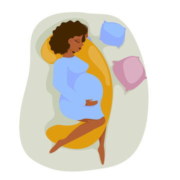 Pregnant woman with big belly sleeping on pregnancy pillow. Future mother healthy sleep concept. Flat design. Vector illustration.