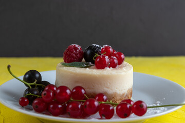 Baked homemade cheesecake with red and black currant.