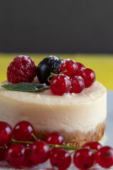 Baked homemade cheesecake with red and black currant close-up with selective and soft focus.
