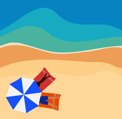 Beach overhead couple under umbrella ocean sunbathing