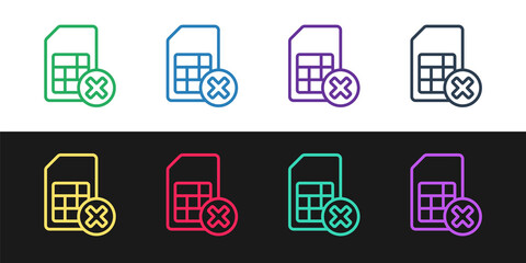 Set line Sim card rejected icon isolated on black and white background. Mobile cellular phone sim card chip. Mobile telecommunications technology symbol. Vector