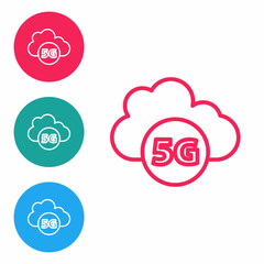 Red line Cloud 5G new wireless internet wifi connection icon isolated on white background. Global network high speed connection data rate technology. Set icons in circle buttons. Vector