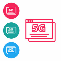 Red line 5G new wireless internet wifi connection icon isolated on white background. Global network high speed connection data rate technology. Set icons in circle buttons. Vector