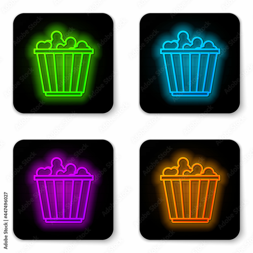 Poster glowing neon line popcorn in cardboard box icon isolated on white background. popcorn bucket box. bl