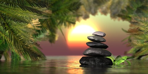 A pyramid of stones at sunset on the water surface among green plants, 3D rendering