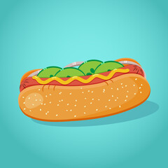 Hot dog with seasoning, mustard, onion, cucumber vector illustration