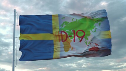 Covid-19 sign on the national flag of Sweden. Coronavirus concept. 3d rendering