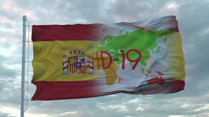 Covid-19 sign on the national flag of Spain. Coronavirus concept. 3d rendering