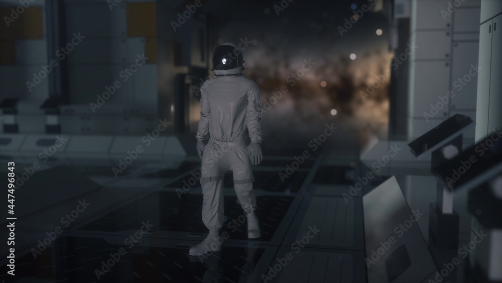 Wall mural alone astronaut in futuristic spaceship, room. 3d rendering