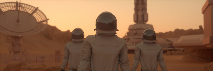 Astronauts on the surface of Mars. Mars colonization concept. 3d rendering © Laricha