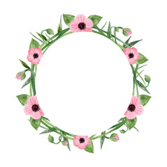 Watercolor botanical wreath with pink flowers and herbs on white background. Hand drawn isolated round frame with wild flowers. Romantic frame for wedding invitations, cards, packaging.