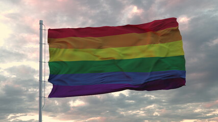 Realistic flag of LGBT pride waving in the wind against deep dramatic sky. 3d rendering