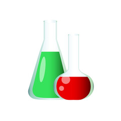 Laboratory glassware with chemical green and red liquids vector illustration isolated on white background.
