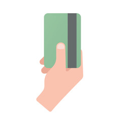 Human hand holding a credit card. Colored vector flat illustration. Isolated on white background.