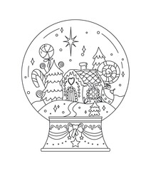 Winter Snowball with gingerbread house, candy and christmas trees. Vector illustration for art therapy, antistress coloring book for adults and children. Coloring page.