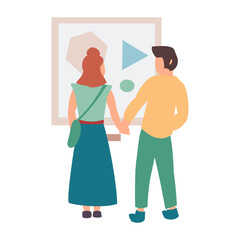 Man and woman in museum of modern art. Flat vector illustration on white background